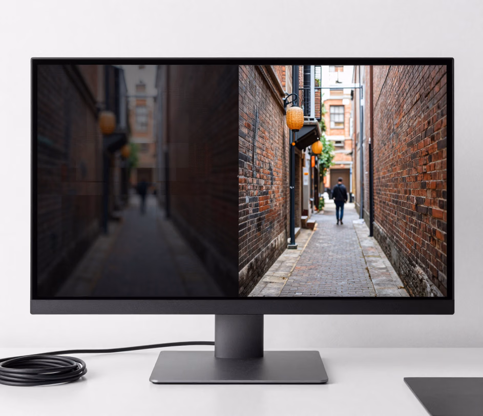 Um monitor premium apresentando um clipe comprimido em 1080p — bloqueio de compressão eliminado e textura reparada quadro a quadro pelo motor Pro