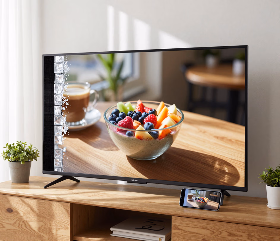 Um monitor de mesa exibindo um clipe social ampliado para um 1080p limpo — pixelização eliminada, cores naturais, o resultado do rápido motor Standard
