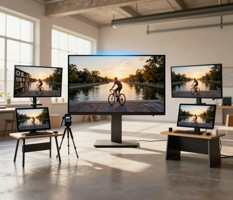 Cinco espaços de trabalho de criadores em torno de um monitor 4K central — cada um exibindo o mesmo vídeo antes e depois do upscaling com IA em resoluções diferentes