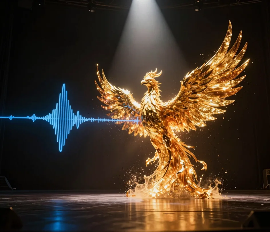 Sob um holofote de palco, uma forma de onda de fala azul-aço se inflama no meio do quadro em uma escultura de forma de onda âmbar-dourado ascendente, visualizando um áudio enviado transformado em uma voz de IA completamente nova