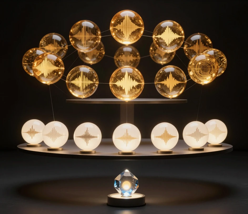 Três níveis ascendentes de uma biblioteca de vozes — um único cristal de amostra, um anel de nove orbes e uma constelação de vinte e um orbes — visualizando vozes predefinidas mais amostras personalizadas em três camadas