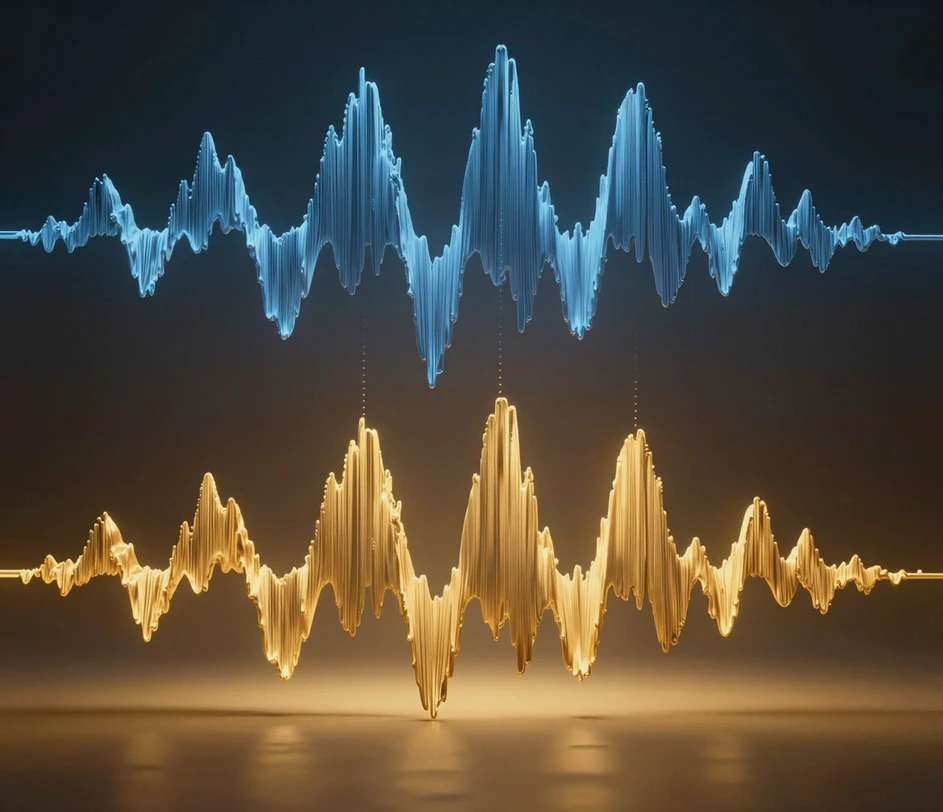 Uma forma de onda de fala azul-aço acima de seu espelho convertido âmbar-dourado, alinhada pico a pico por fios de luz pontilhados, visualizando o ritmo e a emoção preservados em uma conversão de voz
