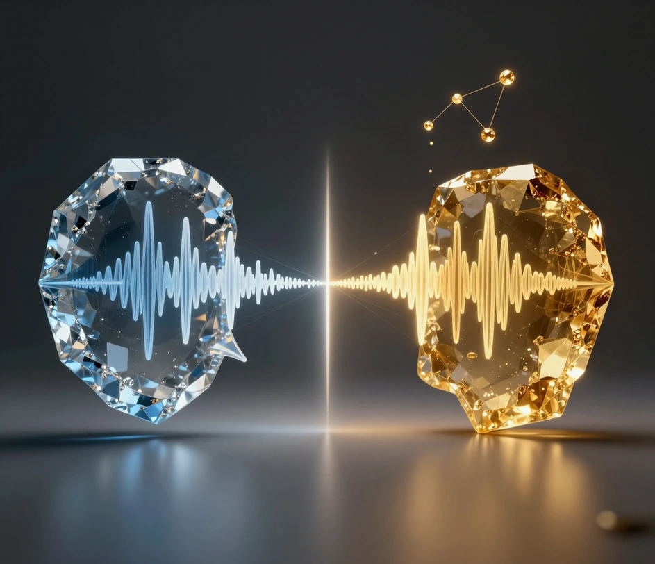Um arquivo de áudio cristalino azul-aço passando por um único portal de luz e emergindo como uma forma de onda âmbar-dourado com os mesmos picos e pausas, visualizando uma gravação enviada transformada em uma nova voz com sua entrega original intacta