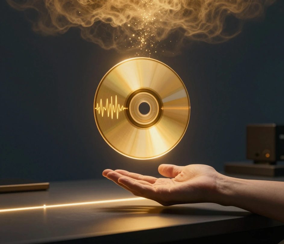 Um disco de áudio âmbar-dourado finalizado descendo em um rastro de partículas quentes em direção a uma mão aberta ao lado de uma faixa brilhante de linha do tempo, visualizando a voz convertida entregue em menos de dois minutos como download permanente