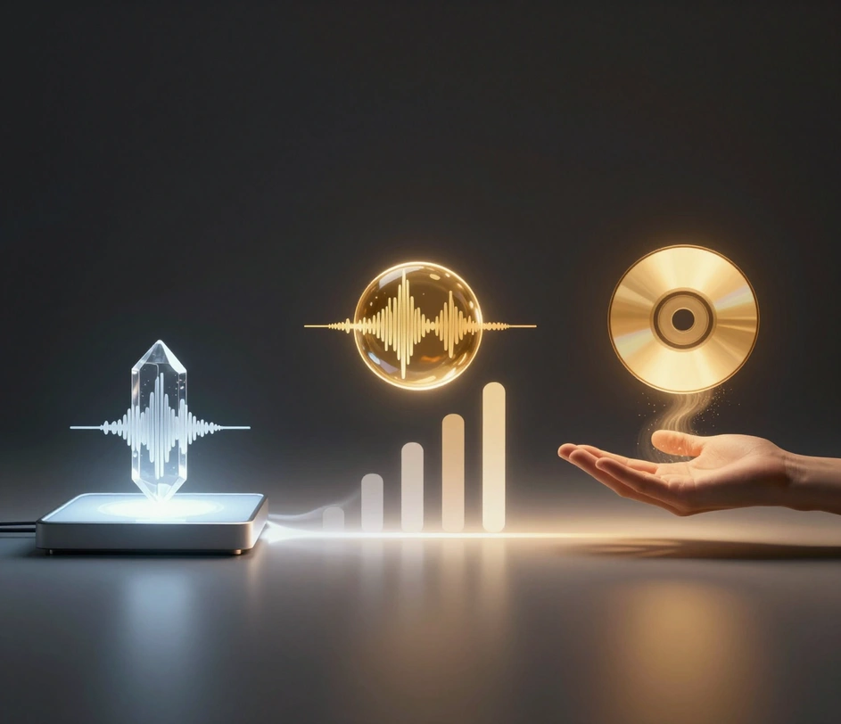 Um único fluxo de luz percorrendo três estágios — um cristal de envio azul-aço, uma galeria holográfica de orbes de voz com barras de comprimento e um disco de áudio âmbar-dourado finalizado — mapeando o fluxo de trabalho de três passos da alteração de voz