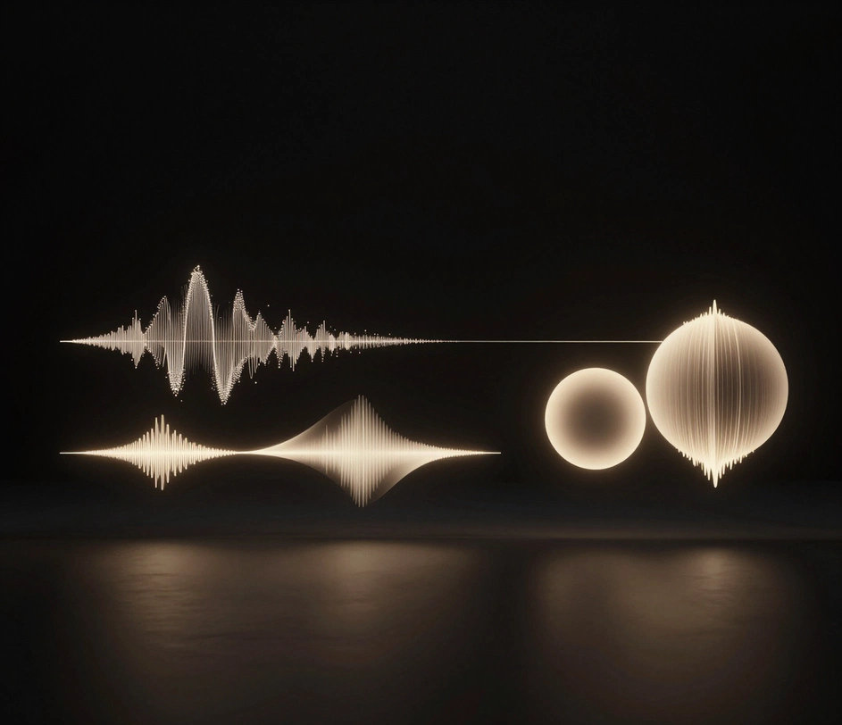 Módulos abstratos de luz flutuando em um vazio escuro — partículas luminosas condensando em uma forma de onda de fala, uma fita suave de forma de onda de narrador, dois orbes de voz contrastantes — apresentando o ecossistema de ferramentas de voz com IA