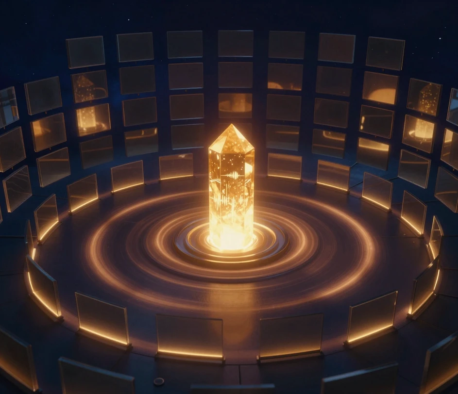Um farol de áudio âmbar-dourado radiante irradiando anéis quentes por uma grade de painéis escuros de canais, visualizando um anúncio enviado alcançando todos os canais da comunidade em minutos