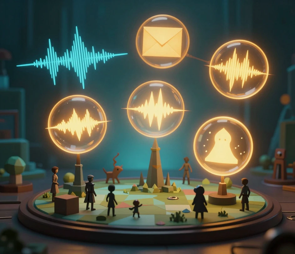 Um diorama brilhante de mundo de jogo encimado por uma forma de onda de gravação azul-aço que se abre em leque para cinco orbes de voz âmbar-dourado distintos, visualizando uma única sessão produzindo um elenco completo de vozes de personagens
