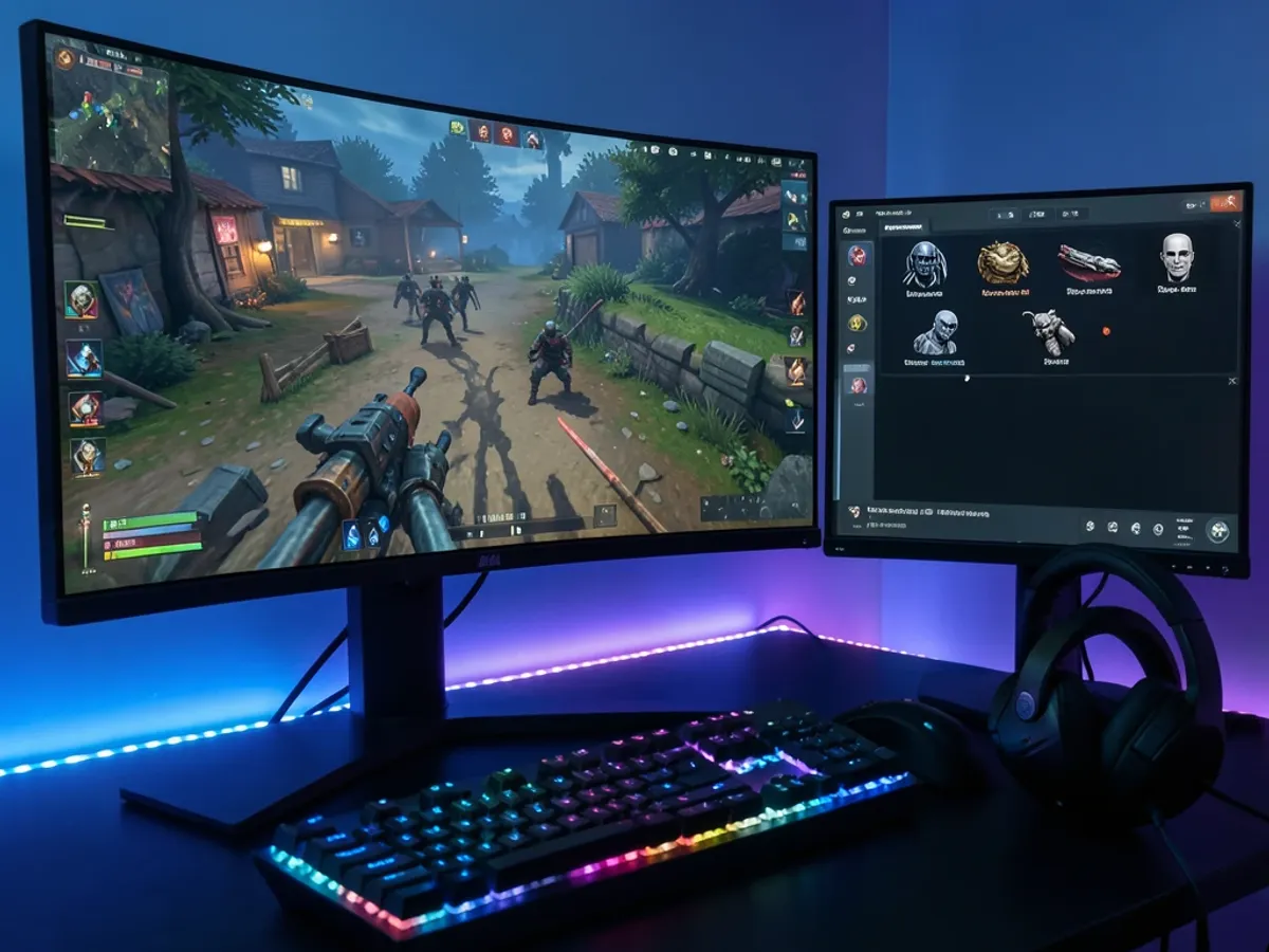 Screenshot of a gamer using the real time voice changer during an online match, with voice effect controls visible on a secondary monitor