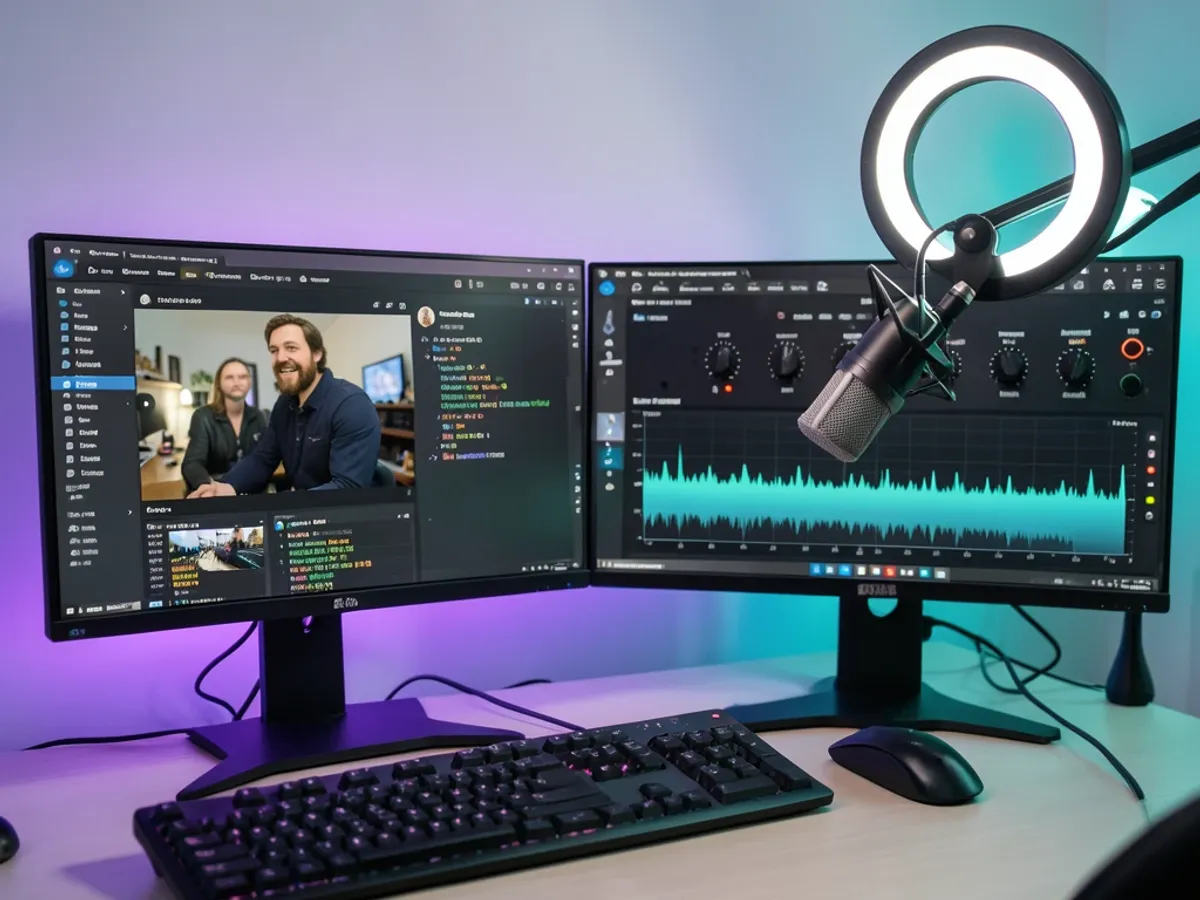 Streaming setup showing OBS with the voice modulator active, displaying multiple voice effect presets and real-time audio waveform