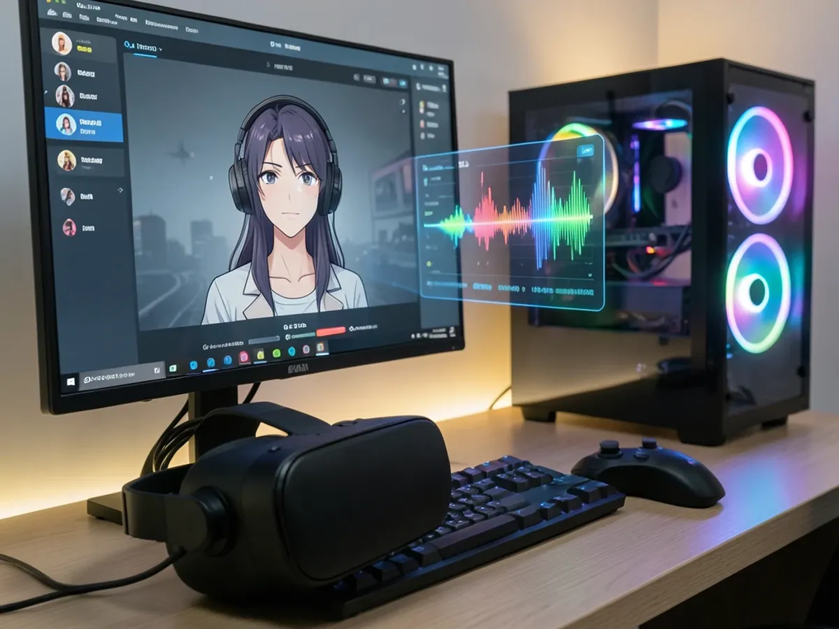 VRChat avatar wearing headphones with a visual representation of voice modulation transforming the player's speech in real time