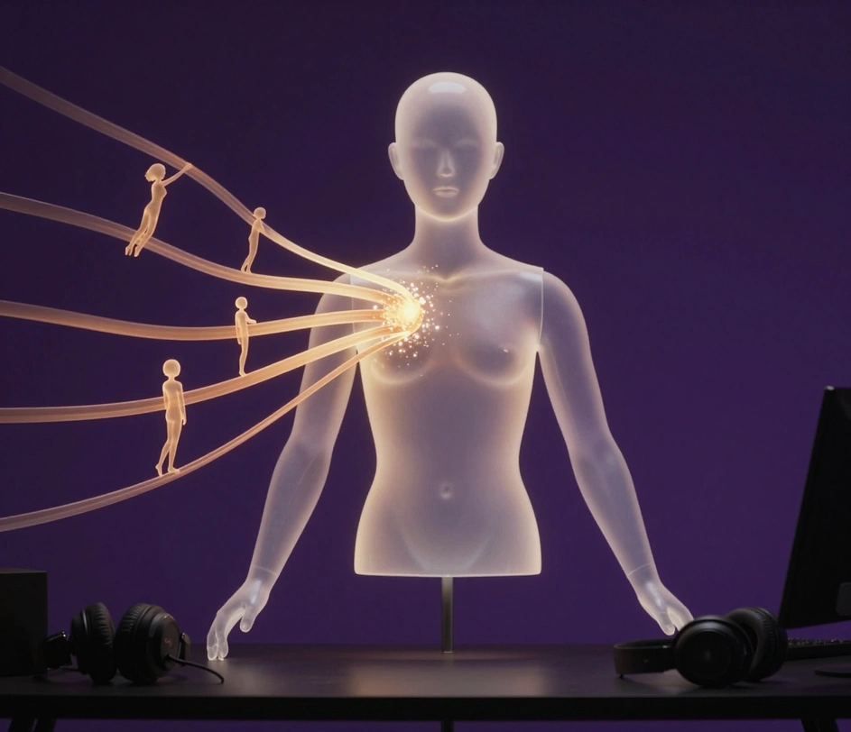 Um manequim de avatar holográfico sem feições envolvido por fitas de voz âmbar-dourado em ambiente violeta, visualizando falas de avatar pré-gravadas convertidas em uma nova voz correspondente