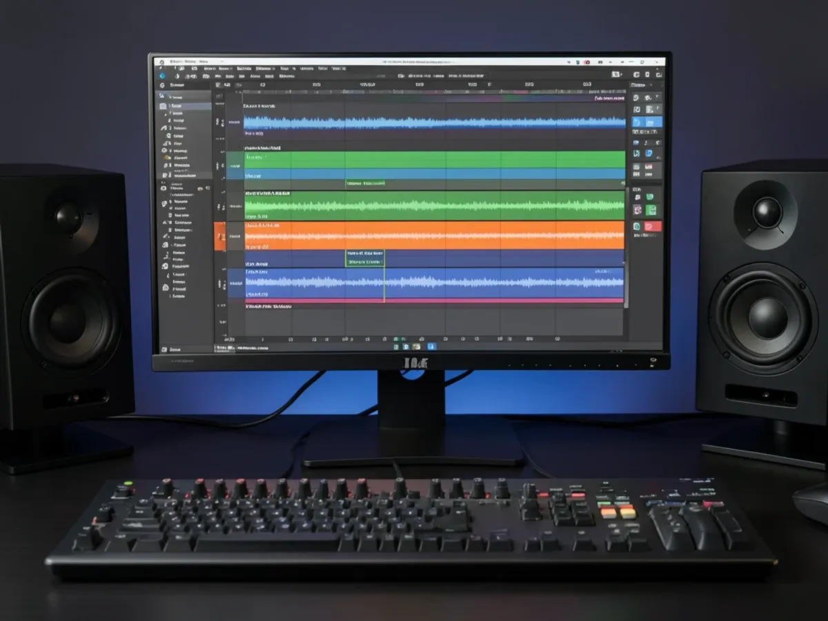 Video editing timeline showing multiple audio tracks each tagged with a different voice changer effect applied during recording