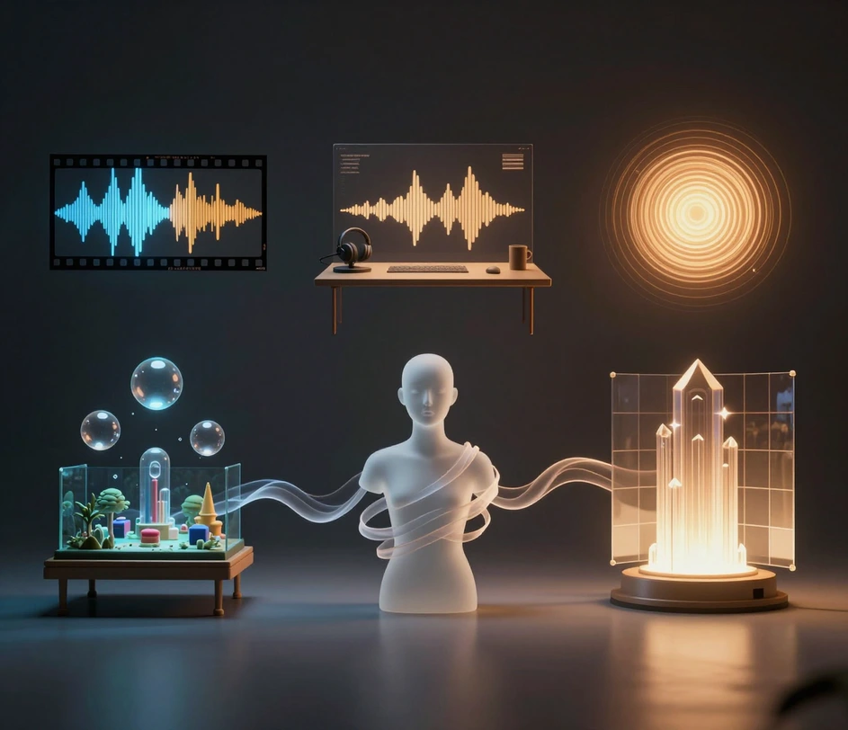 Cinco vinhetas flutuantes de criadores — trilhas de linha do tempo, um holograma de forma de onda de podcast, um diorama de jogo com orbes de voz, um manequim de avatar e um farol de comunidade — ligadas por um único fluxo de luz que muda do azul-aço frio ao âmbar-dourado quente, visualizando uma gravação enviada transformada em novas vozes de IA para cada cenário de criador