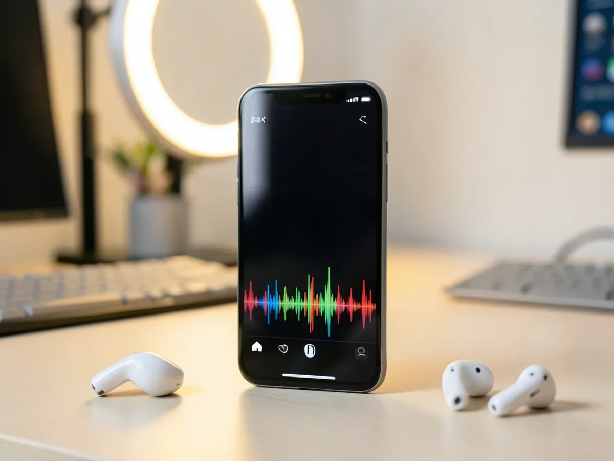 En smartphone, der viser en TikTok-stil vertikal video med en bølgeformsoverlejring, der viser det AI-genererede voiceover-lydspor
