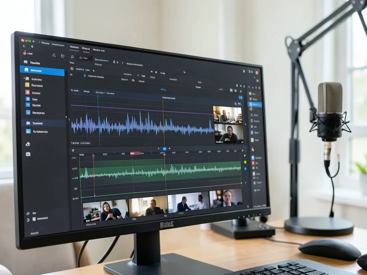 En videoredigeringstidslinje, der viser et AI-genereret voiceover-spor synkroniseret med b-roll-optagelser, med tekst-til-tale-manuskriptet synligt i et sidepanel