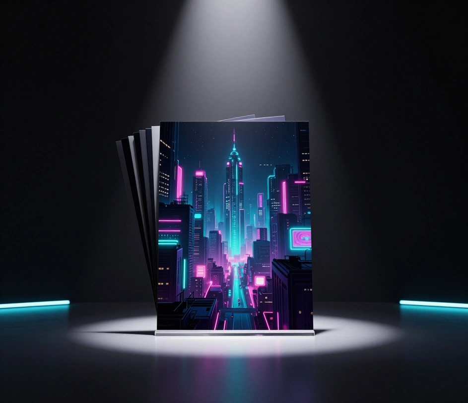 A single glossy cyberpunk wallpaper print standing spotlighted on a darkened stage, dust motes drifting through the light cone