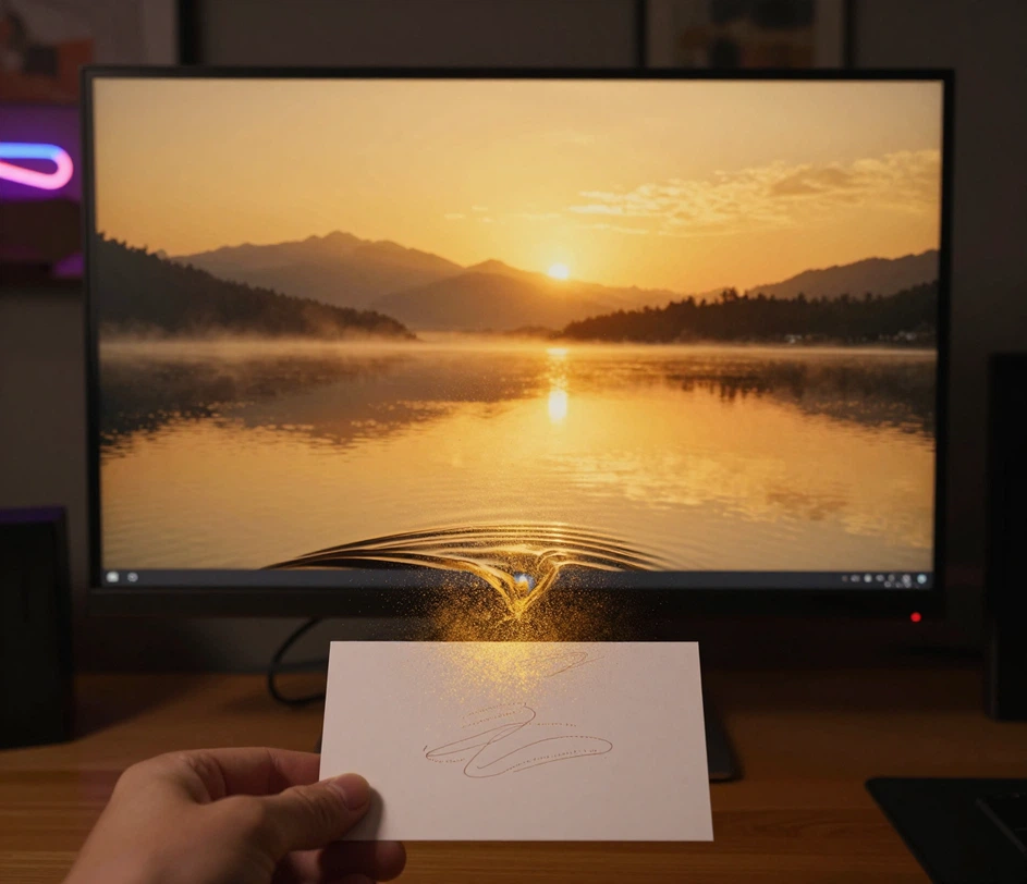 A hand holding a description card as golden particles rise and materialize a glossy print of a golden sunset over a still mountain lake