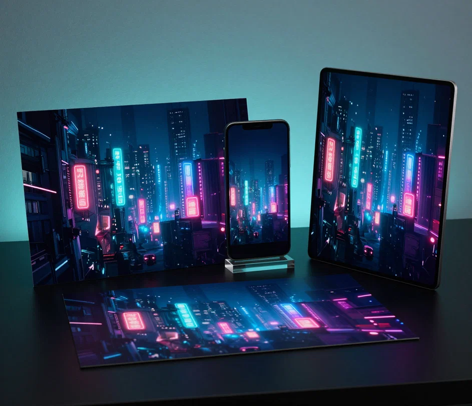 The same cyberpunk wallpaper cut to three screen ratios in a staggered fan — wide 16:9, tall 9:16, and an ultra-wide 21:9 letterbox strip