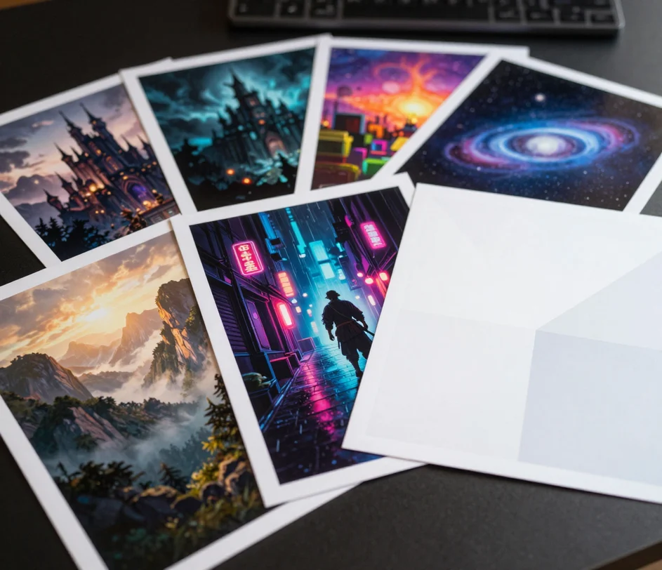 A fan of wallpaper proofs across one desk — misty mountains, an anime alley scene and a minimalist abstract in crisp focus, fantasy, pixel and sci-fi styles fading behind