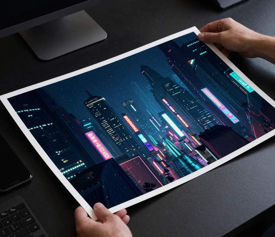 Two hands receiving a freshly finished 3K wallpaper print with razor-sharp micro detail and completely blank corners
