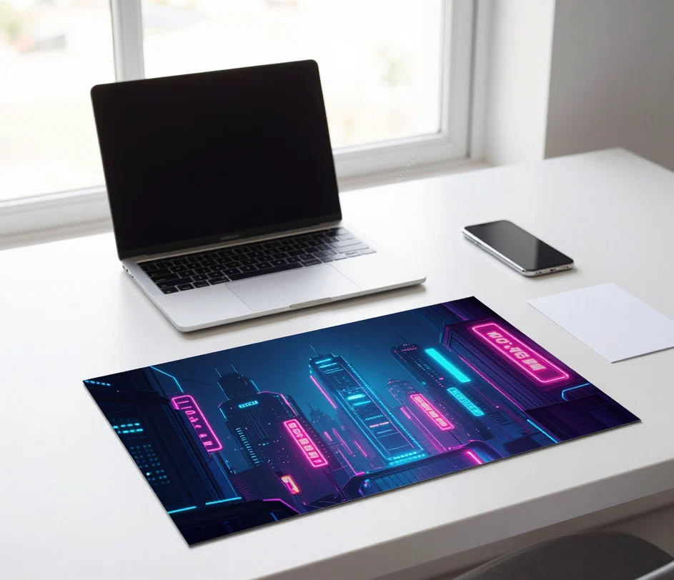 A bright desk by a window with a closed laptop and a face-down phone — the finished cyberpunk wallpaper print arrives as a ready file, nothing installed