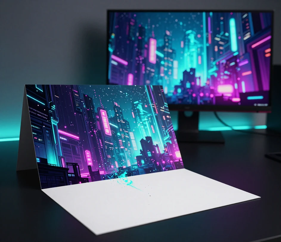 One gaming desk in layered depth — a gesture card with rising particles up front, a wallpaper print mid-materialization at mid-distance, a monitor glowing with the finished artwork behind