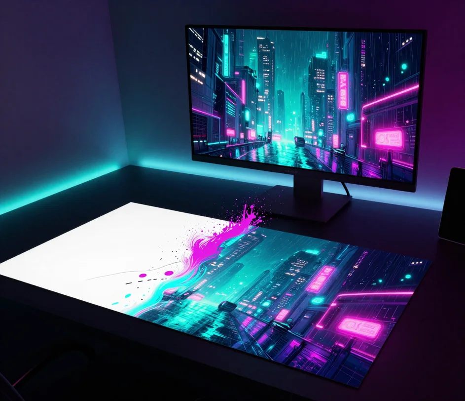 A scene description card dissolving into a stream of neon cyan and magenta particles that materialize a glossy cyberpunk wallpaper print, a borderless monitor glowing with the finished artwork behind