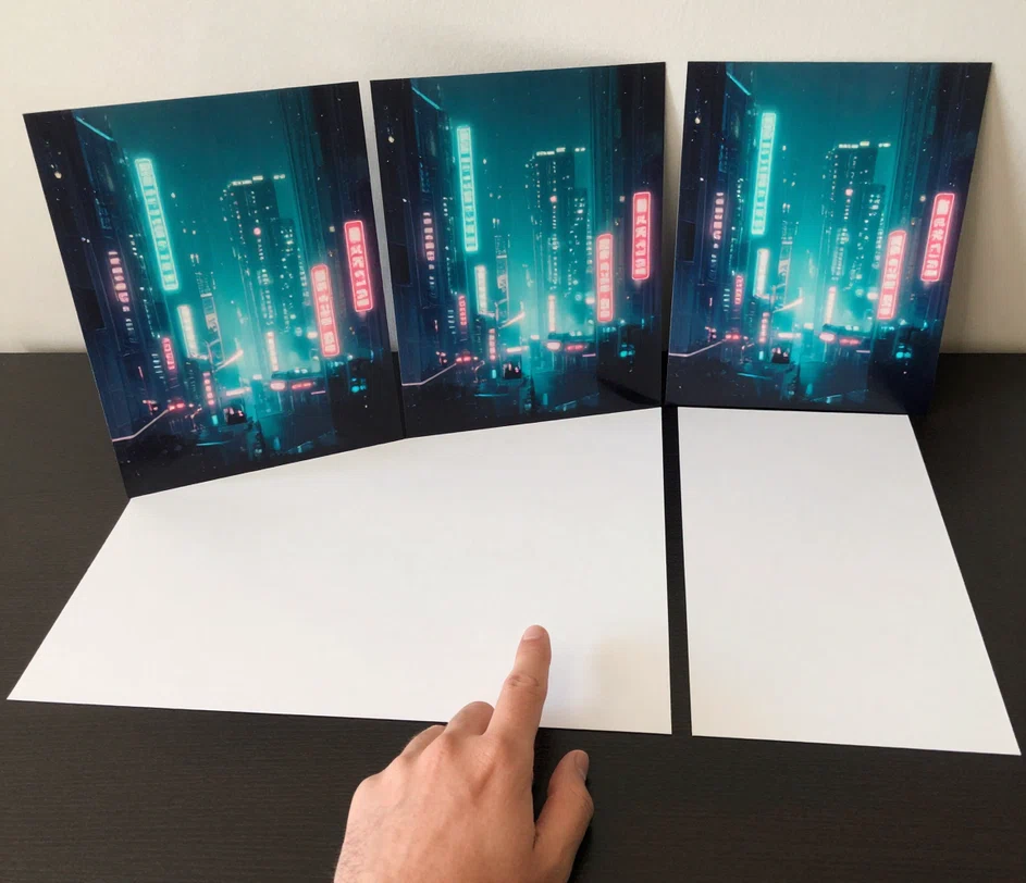 A finger pointing to the widest of three blank proportion cards — 16:9, 9:16 and a 21:9 letterbox — with matching prints propped behind