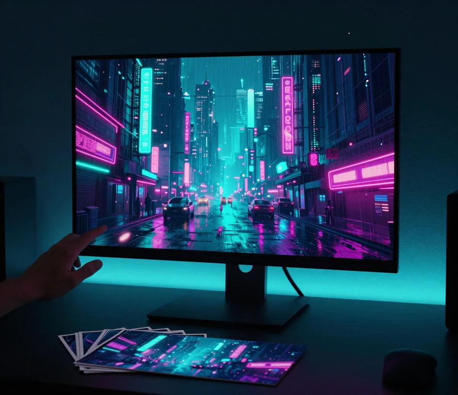 A hand touching the bezel of a monitor just filled with a fresh cyberpunk wallpaper, its glow re-theming the room in the same color story