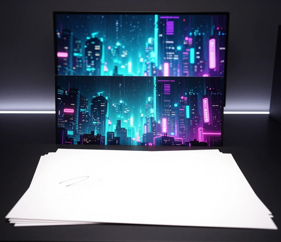 One desk told in layered depth — a gesture card up front, a wallpaper print dissolving into neon particles at mid-distance, a finished monitor glow behind