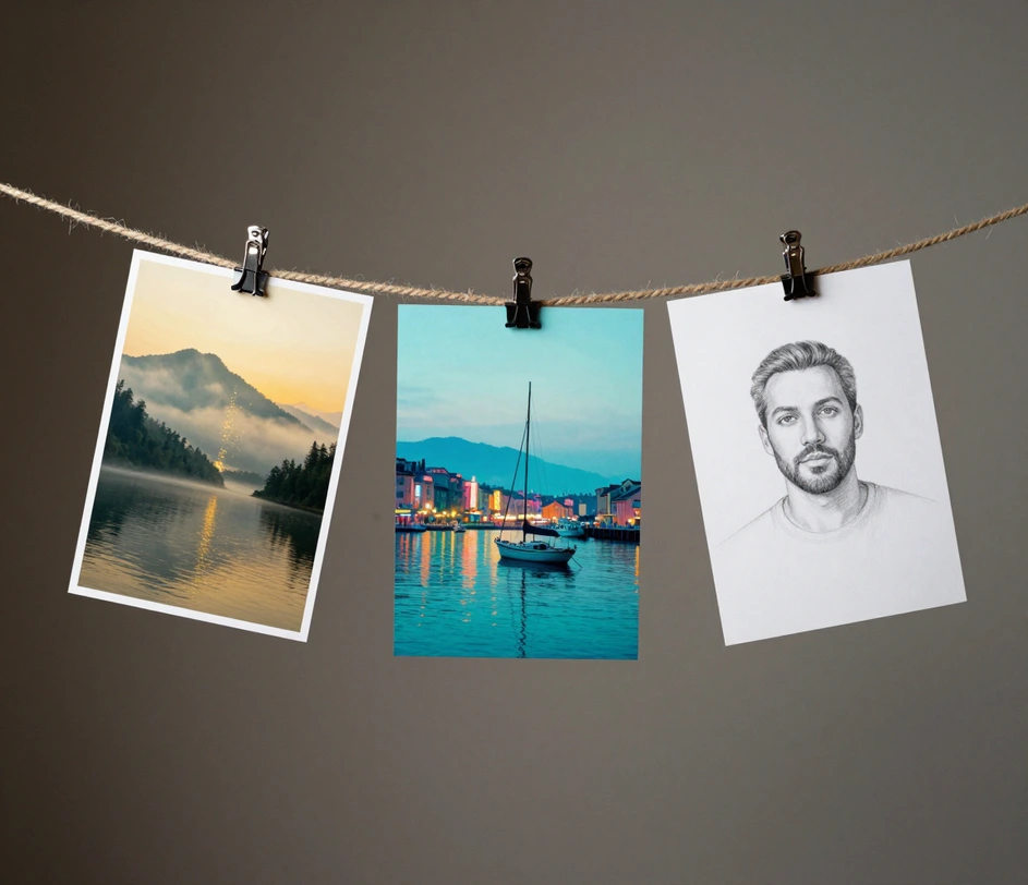 Three motif cards clipped to jute twine — a mountain print with golden particles, overlapping photographic and painterly harbor prints, and a graphite sketch portrait