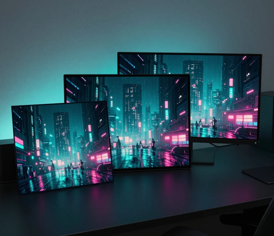 Three prints of the same cyberpunk wallpaper arranged in a rising diagonal — a compact 1K draft, a sharp 2K sheet, and an extremely wide 3K letterbox with razor micro detail