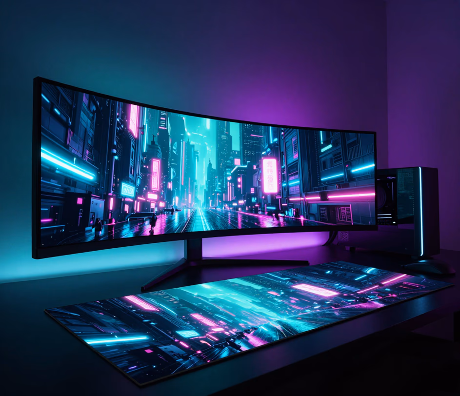 A curved ultrawide monitor and a second screen both filled with a 3K cyberpunk wallpaper, an extremely wide letterbox print resting on the desk below