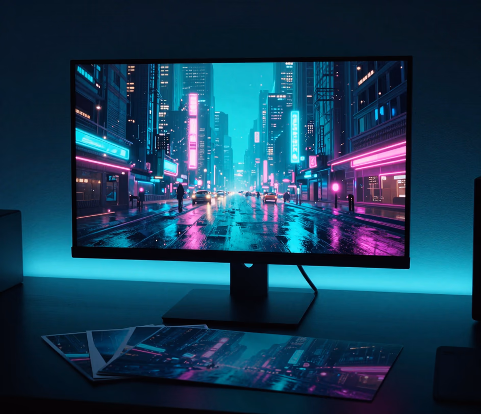 A 27-inch borderless monitor filled edge-to-edge with a 2K cyberpunk wallpaper, its cyan glow spilling onto the desk beside a matching large print