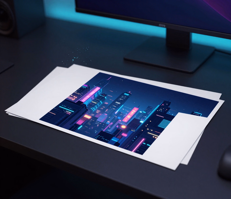 A compact 1K-grade wallpaper print lying on a matte black desk, clean composition with slightly soft fine detail and a thin wisp of cyan particles
