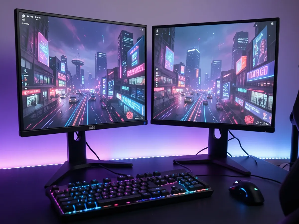 AI generovaná herní tapeta s kyberpunkovým městem odpovídající RGB herní sestavě