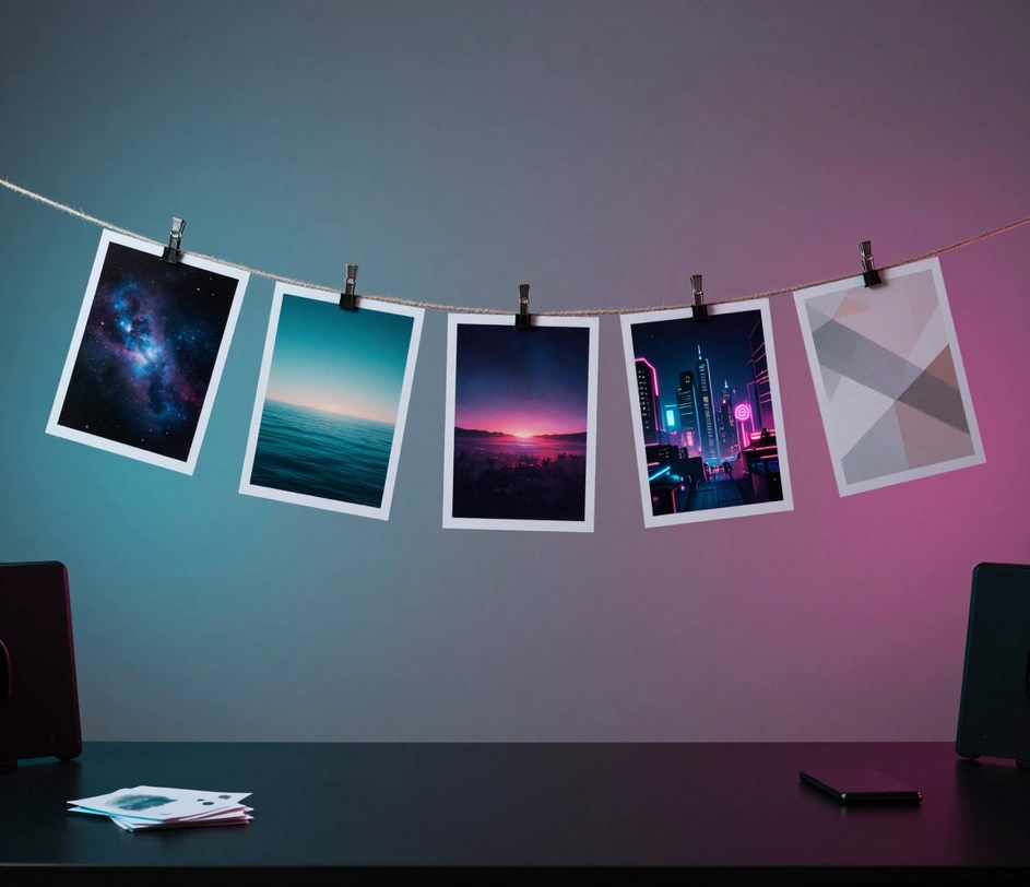 Five wallpaper proofs clipped to a jute line in a gentle arc — a nebula, a teal ocean, a space banner, a cyberpunk city and an abstract geometric pattern