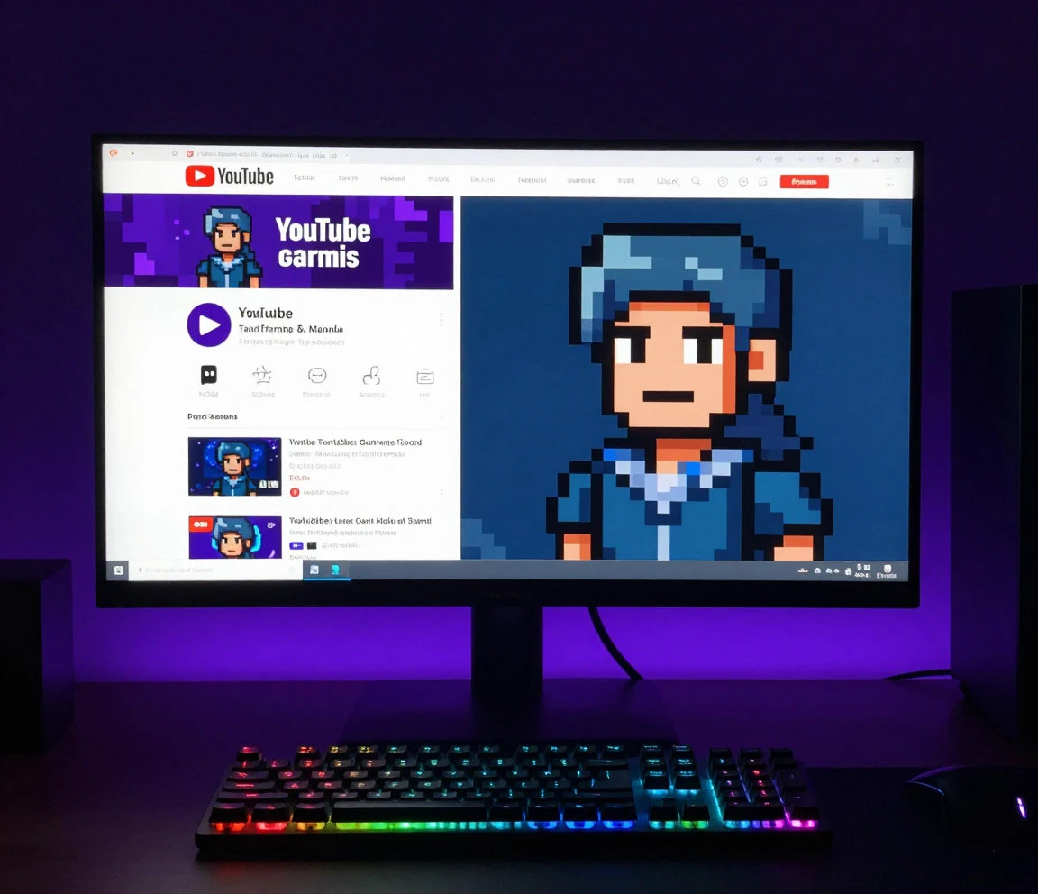 A pixel art gaming avatar generated from a photo, displayed beside a gaming channel page with RGB accent lighting