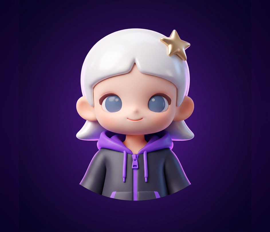 A polished 3D cartoon avatar of the same white-haired character with fine edge detail against a deep purple background, shown at the Master tier's 4K resolution