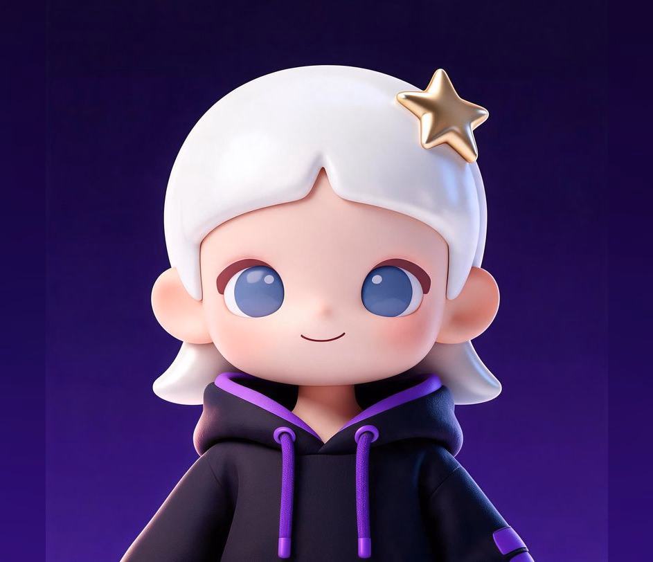 A 3D cartoon channel avatar of a white-haired character with a gold star hair accessory and a purple-accented hoodie on a deep purple background, generated at the standard tier's 2048px resolution