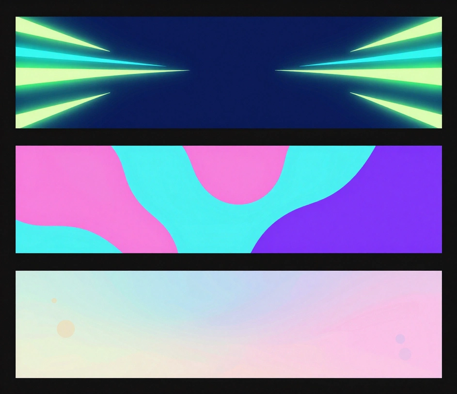 Tre banner di nicchie diverse dallo stesso strumento — un banner gaming scuro, un banner anime vivace e un banner lifestyle estetico morbido