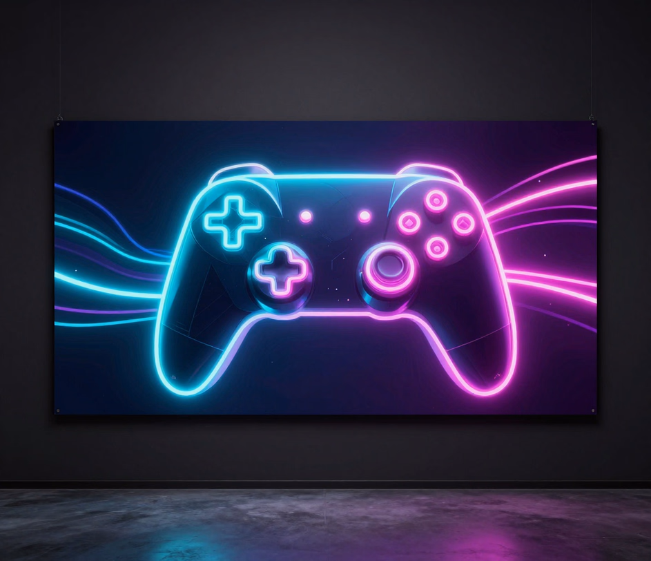 Lo stesso banner neon con bordi di luce più nitidi e sfumature di colore più profonde, che illustra l'output selezionabile 1024 × 576 o 2048 × 1152 del livello Pro