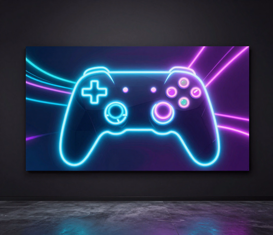 Un banner gaming neon esports incorniciato con forme geometriche astratte e sfumature neon morbide, che illustra il banner fisso 2560 × 1440 del livello Standard per 18 crediti