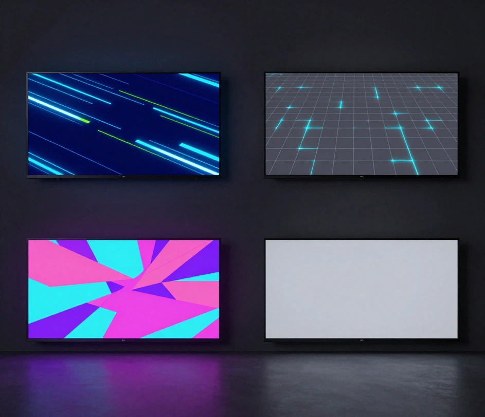 Quattro banner di canale YouTube in nicchie diverse — gaming, vlog, tech e anime — ciascuno renderizzato alla dimensione piena di 2560 × 1440
